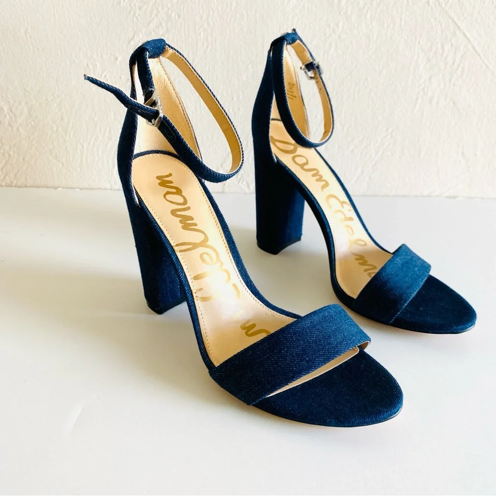 Sam Edelman Yaro Shoes 8 Navy Blue Denim Ankle Strap Block Heels Open Toes NWOT - Picture 7 of 16